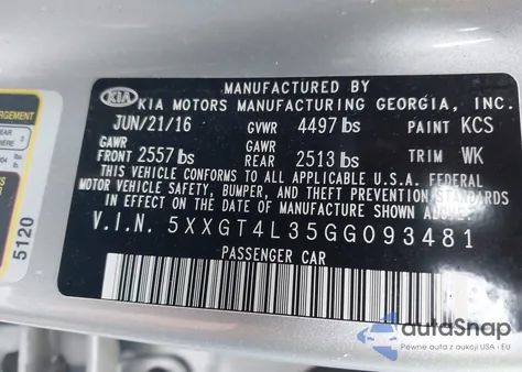 2016 Kia Optima Lx z USA, uszkodzony, nr VIN 5XXGT4L35GG093481